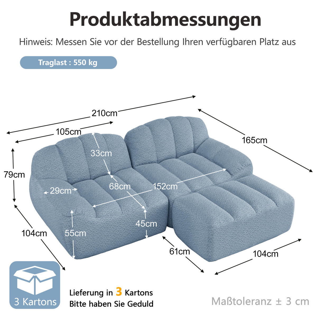 SOFA in Blau mit Ottoman aus Fleece - Blau, Textil (165/79/210cm) - Flora Grace