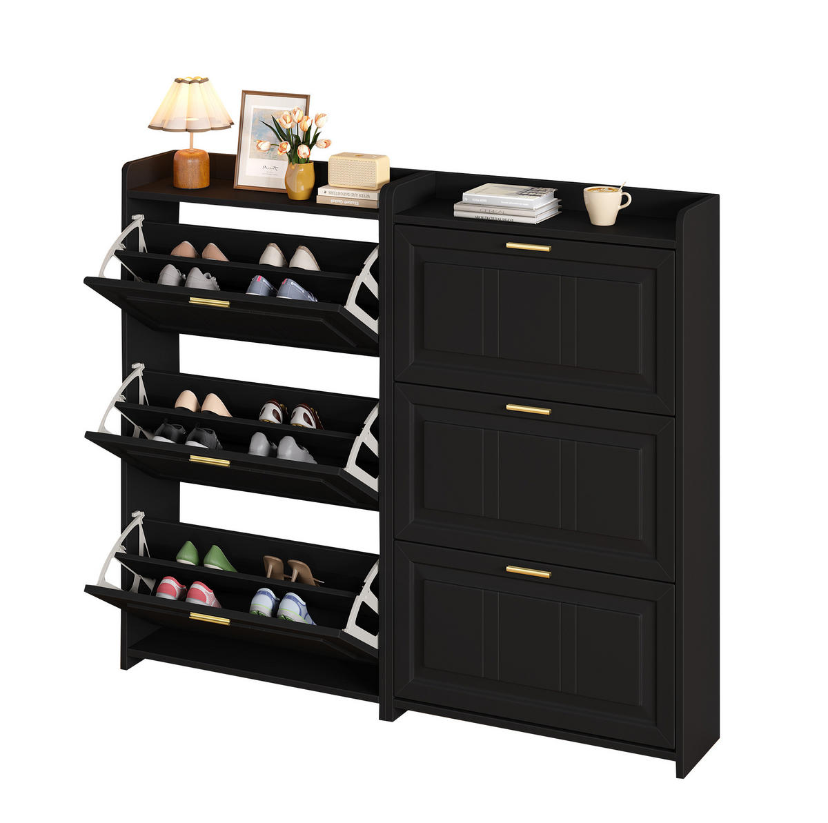SCHUHSCHRANK 70/24/120 cm schwarz aus MDF/Spanplatte mit 3 Klapptüren 2er-Set - Schwarz, Holzwerkstoff (70/120/24cm) - OKWISH