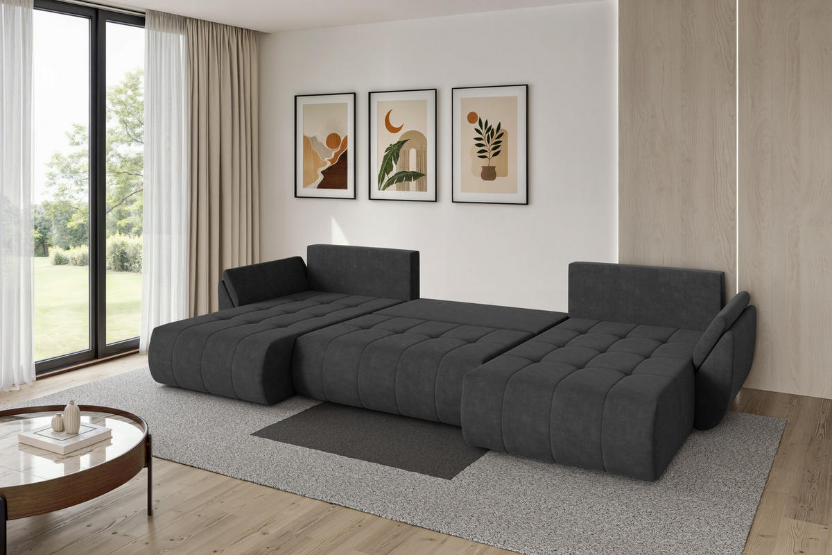 SEDACÍ SOUPRAVA DO U s funkcí spaní a úložným prostorem TOKO-U 378x194x86 tmavě šedá velur - černá/antracitová, kompozitní dřevo/textil (378/86/194cm) - ALTDECOR