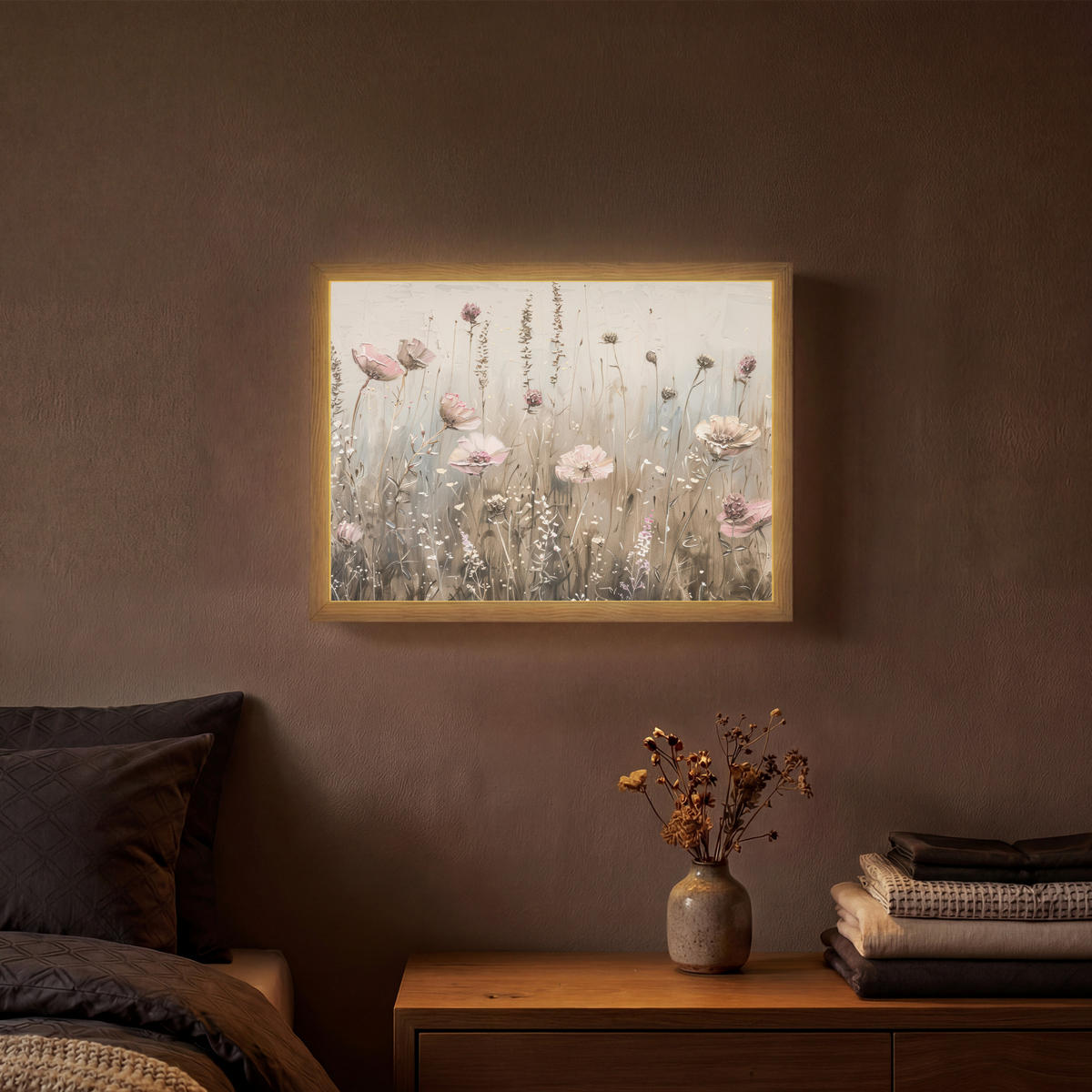 NÁSTĚNNÁ LAMPA S AKUMULÁTOREM Květiny - růžová - moderní - béžová 40x30 cm - starorůžová, kompozitní dřevo (40/30/8cm) - OnlyWow