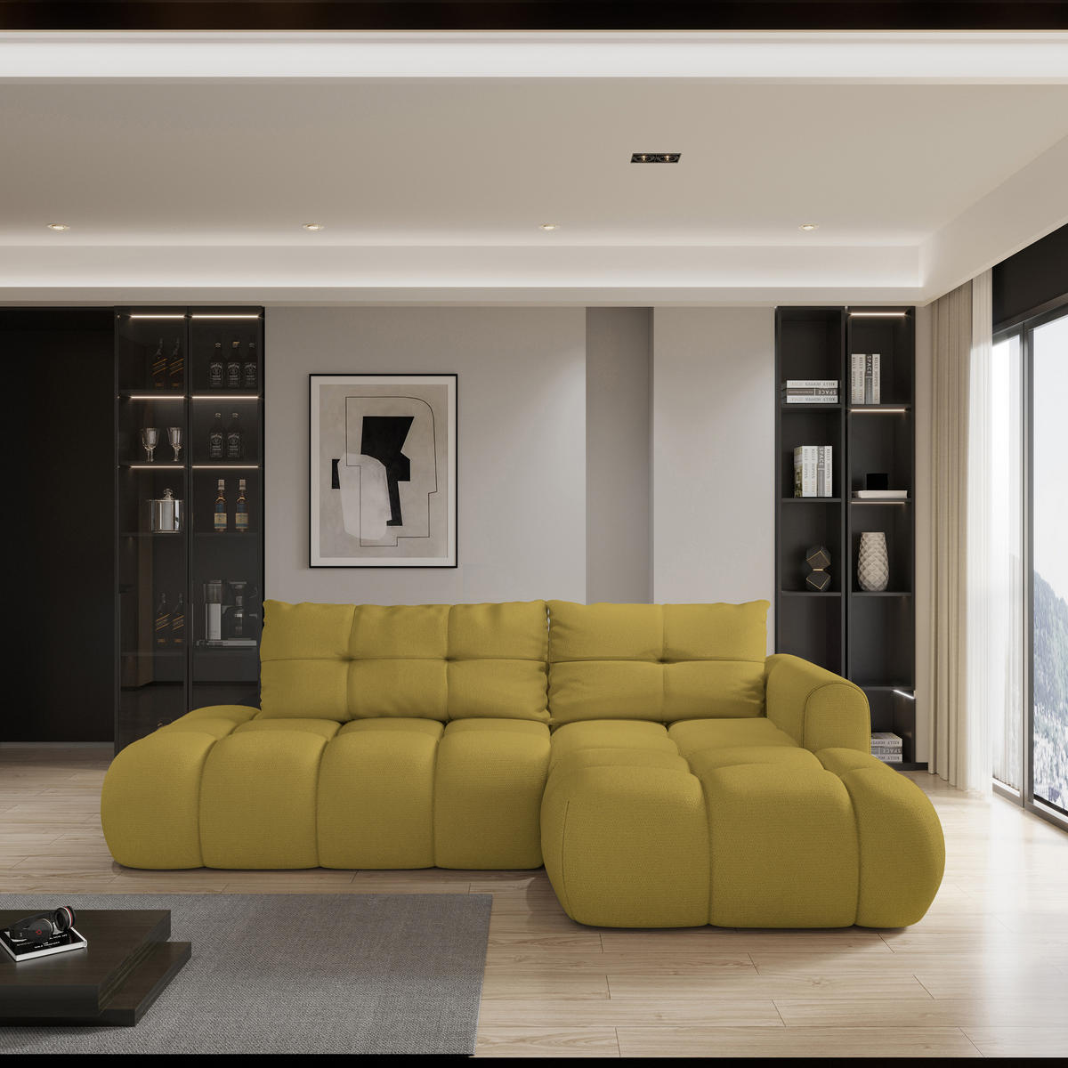 ECKSOFA FLUMA R-S Gelb Geflochtener Stoff mit Schlaffunktion - Gelb, Holz (274/165cm) - MASSENO