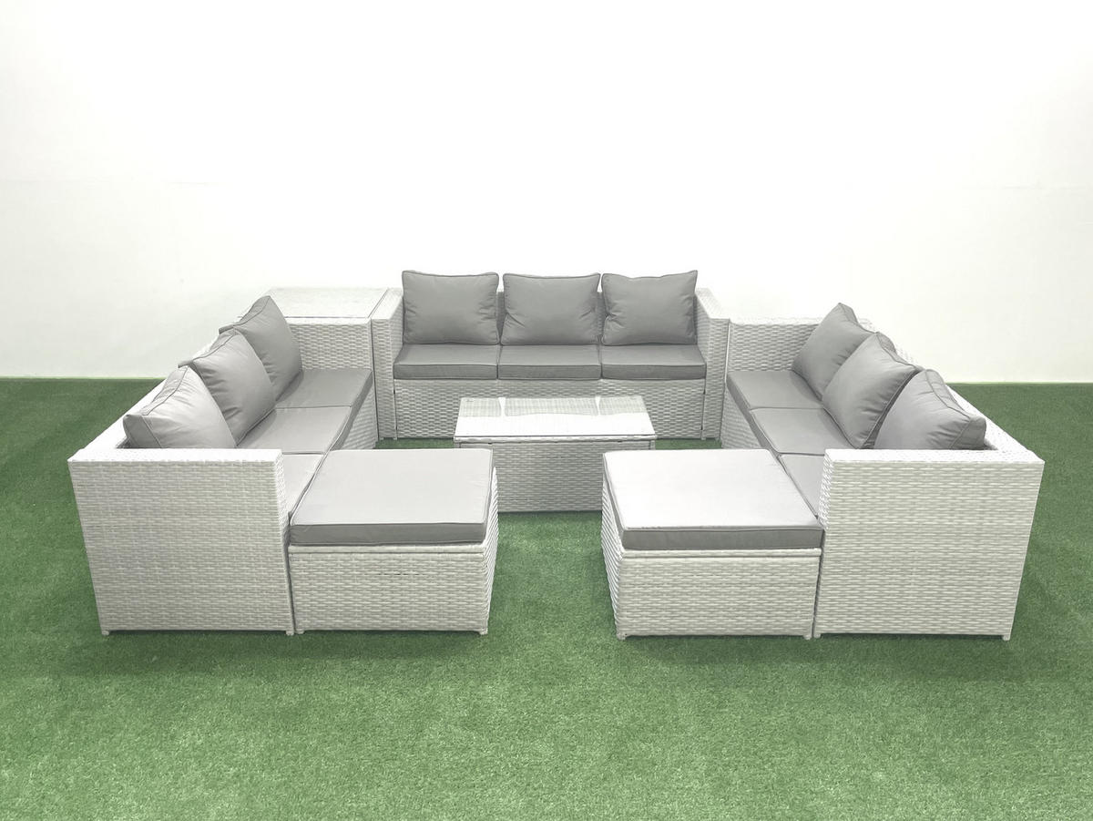 GARTENSET mit 3-SITZER SOFA,COUCHTISCH Polyrattan Hellgrau-Mix 11-Sitzer - Hellgrau/Grau, Glas/Kunststoff - Fimous