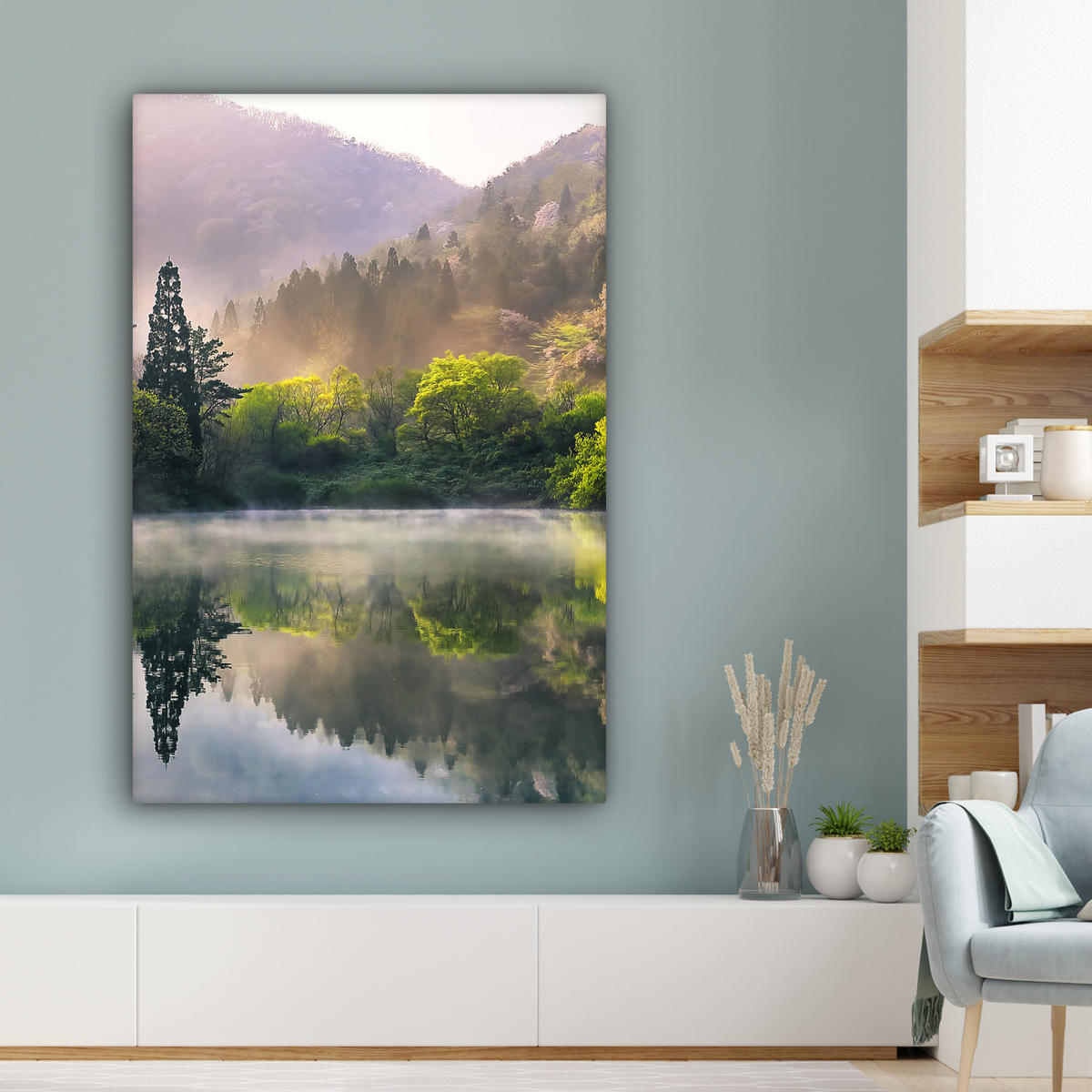 LEINWANDBILD Natur - Bäume - Berge - See - Wasser 90x140 cm - Hellgrün, Textil (90/140cm) - MuchoWow