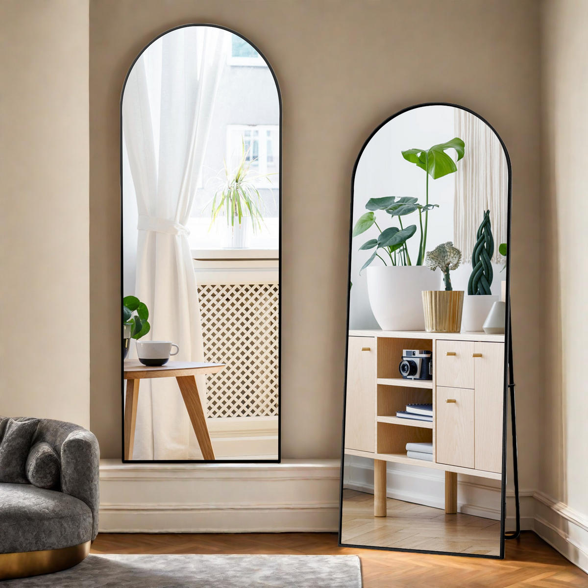 STANDSPIEGEL 164x54 cm Bogenform Schwarz Wandmontage & Freistehend - Schwarz, Glas (2/164/54cm) - SHOPENTRA