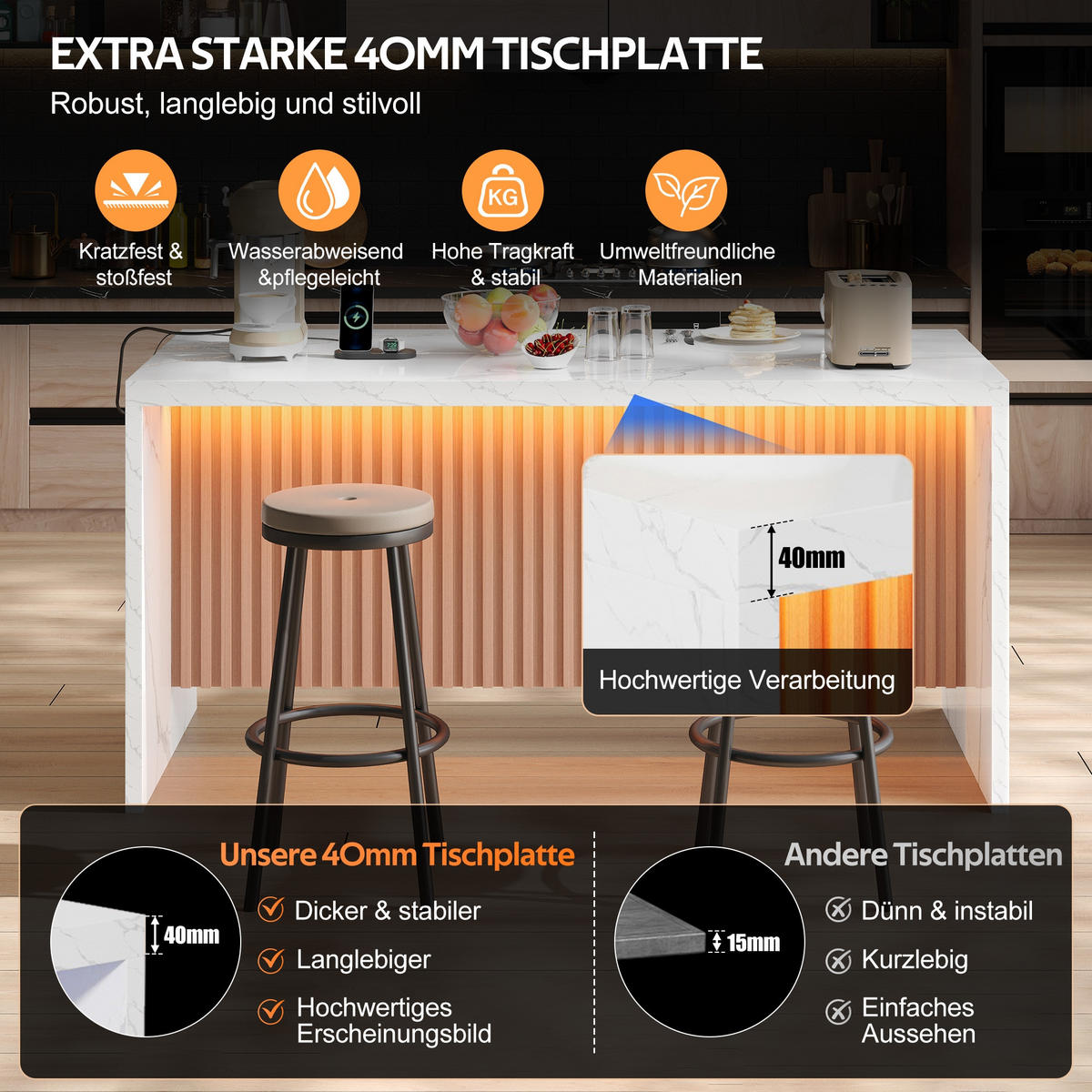 KÜCHENINSEL 155/80/90 cm Weiß mit LED-Leuchten, 2 Steckdosen und 2 USB-Anschlüsse - Weiß, Holz/Holzwerkstoff (80/90/155cm) - Oxeza