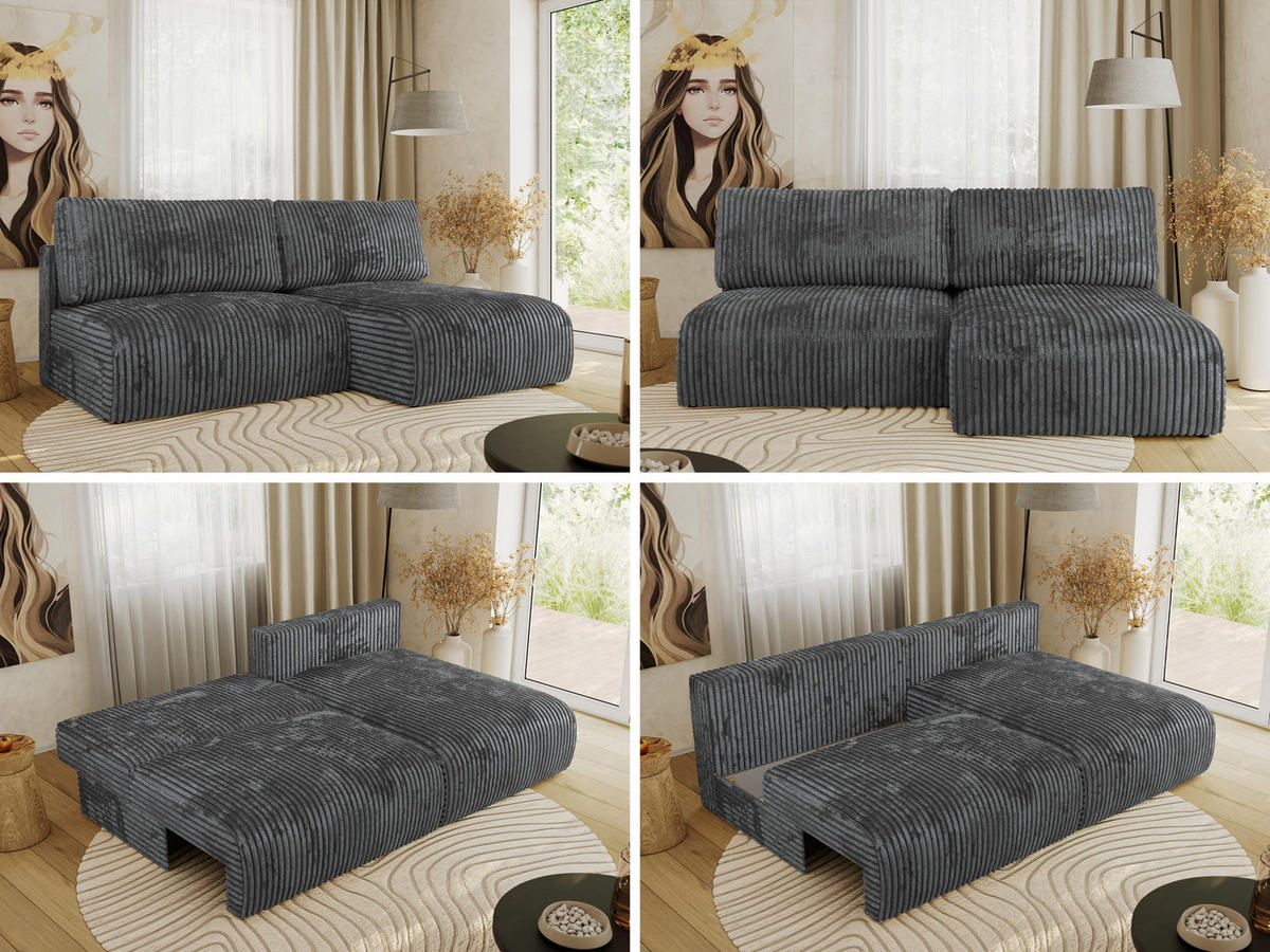 ECKSCHLAFSOFA VIVO L Dunkelgrau Cord - rechts - Dunkelgrau/Schwarz, Kunststoff/Textil (150/223cm) - MKS
