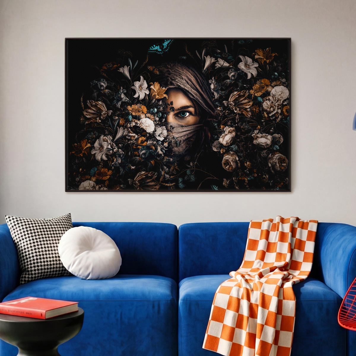 LEINWAND Bilder mit Rahmen - Frau - Luxus - Blumen - Schmetterling - Porträt - 90x60 - Schwarz, Textil (90/60cm) - MuchoWow