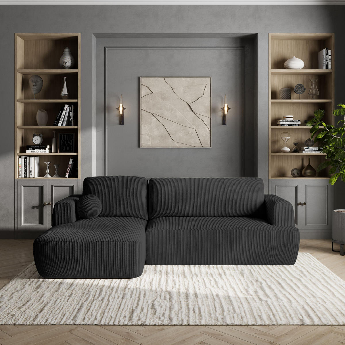 ECKSOFA SENTI P L-S Schwarz Kordstoff mit Schlaffunktion - Schwarz, Holz (246/148cm) - MASSENO