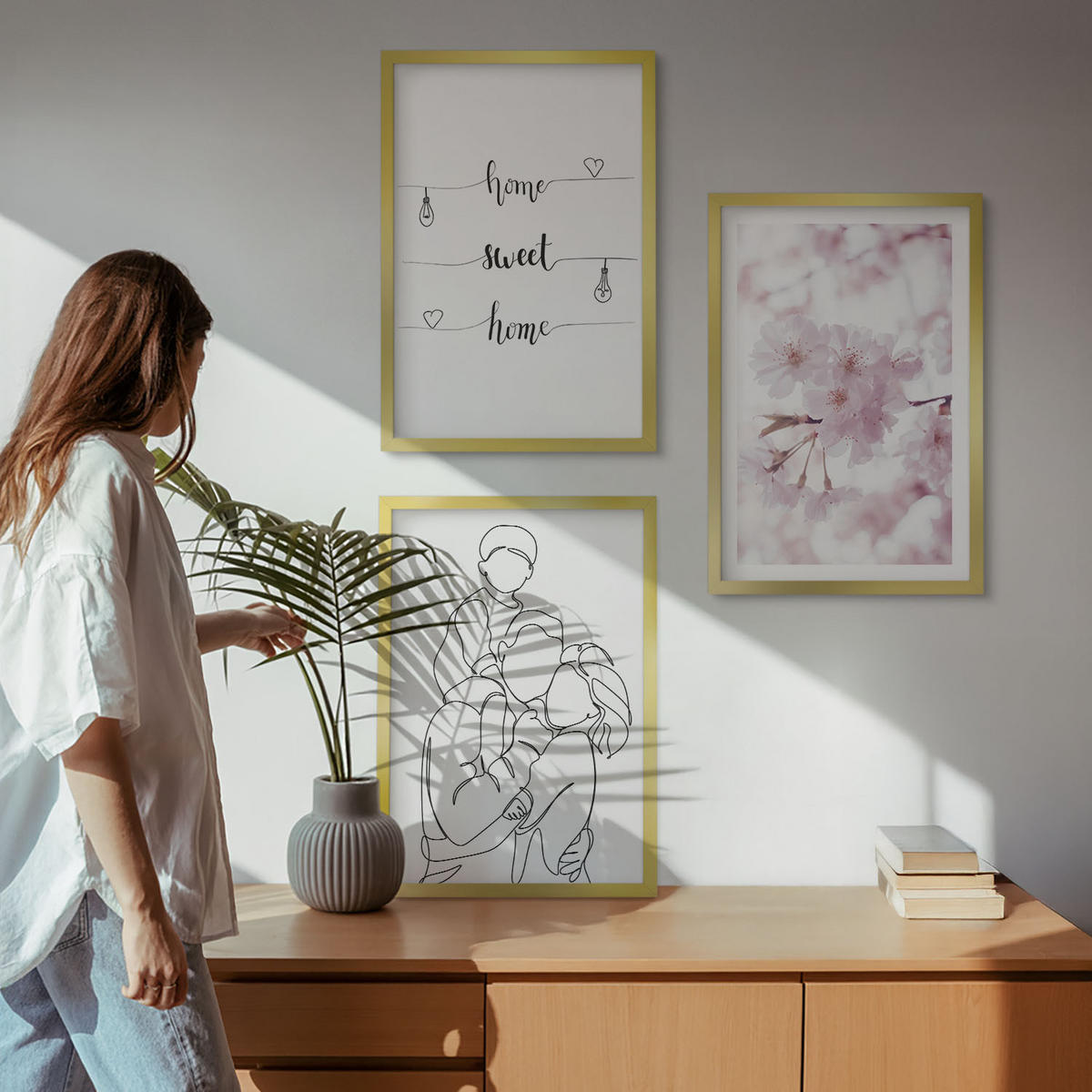 BILDER SET 3er Set - 40x60 cm Goldrahmen - Blumenfamilie minimalistisch - Goldfarben, Kunststoff (40/60cm) - TULUP