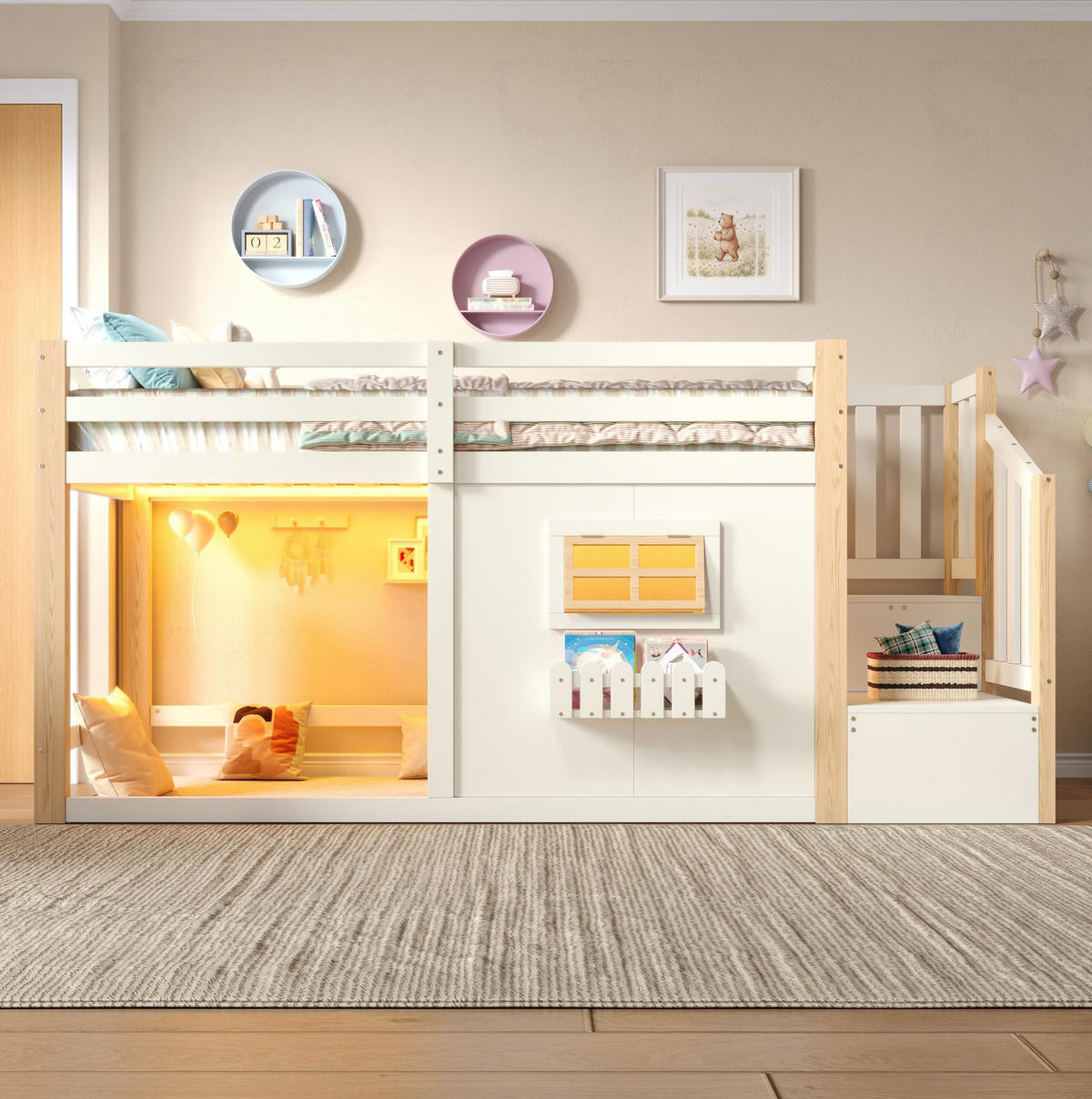 HOCHBETT aus Kiefernholz und MDF 90x200 cm Weiß mit Stauraumtreppe, Fenster und LED-Beleuchtung - Weiß, Holzwerkstoff (90/200cm) - Modfu