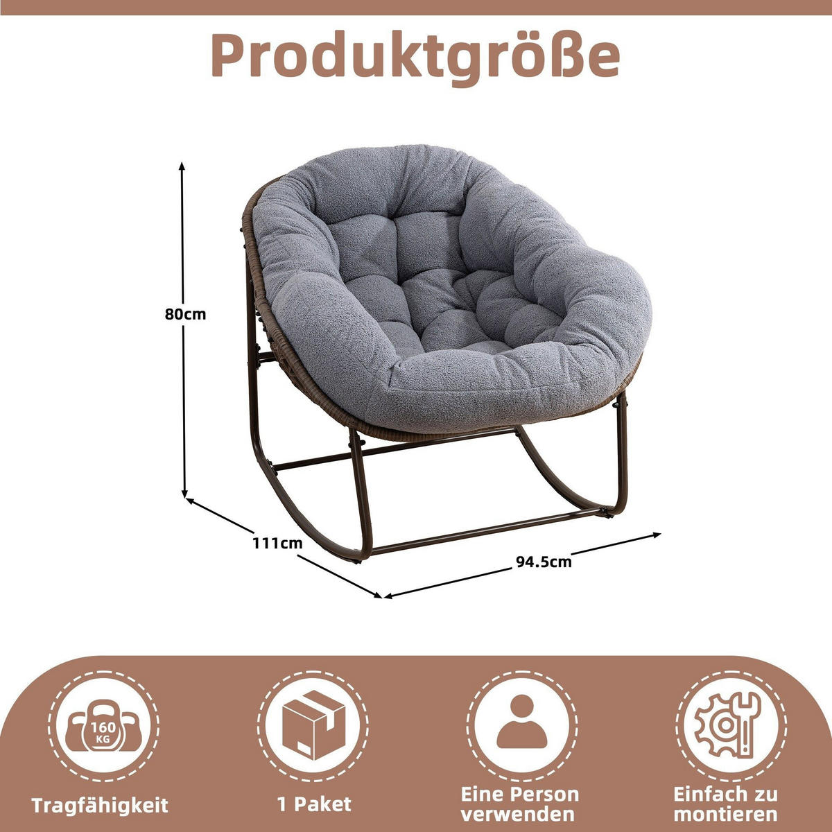 SCHAUKELSTUHL Schaukelsessel,Rattanstuhl mit Stahlrahmen,Grau-Fleece - Grau, Metall (94.5/80/111cm) - LVHOM