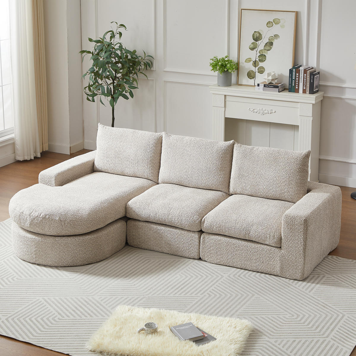 SCHLAFSOFA aus Chenille mit Liegestuhl, 2-teilig - Beige, Textil (322.5/81.2/217.7cm)