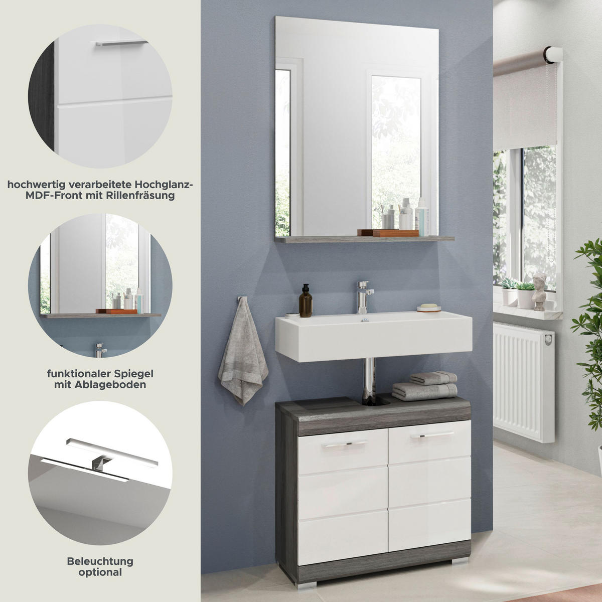 BADKOMBINATION 2tlg. Scout Bad in Rauchsilber Nachbildung und weiß hochglanz B/H/T: 60x191x34 cm - Anthrazit, Holz (60/191/34cm)