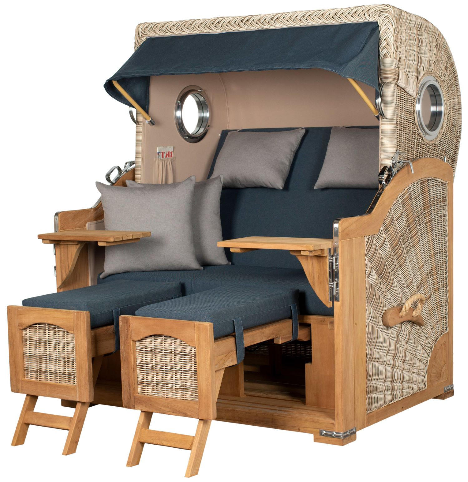 STRANDKORB Komplettset: Ammersee Grande XL Teak Bullauge - PE shell - Modell 593 - Grau, Holz/Kunststoff (142/165/95cm) - bene living