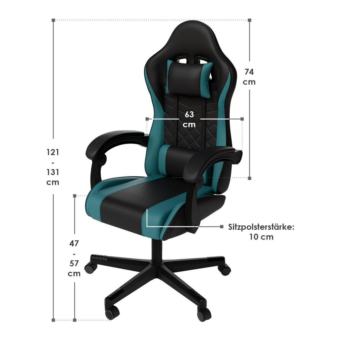GAMINGSTUHL HyperSeat schwarz/türkis - Türkis, Kunststoff (63/131/121cm) - Juskys