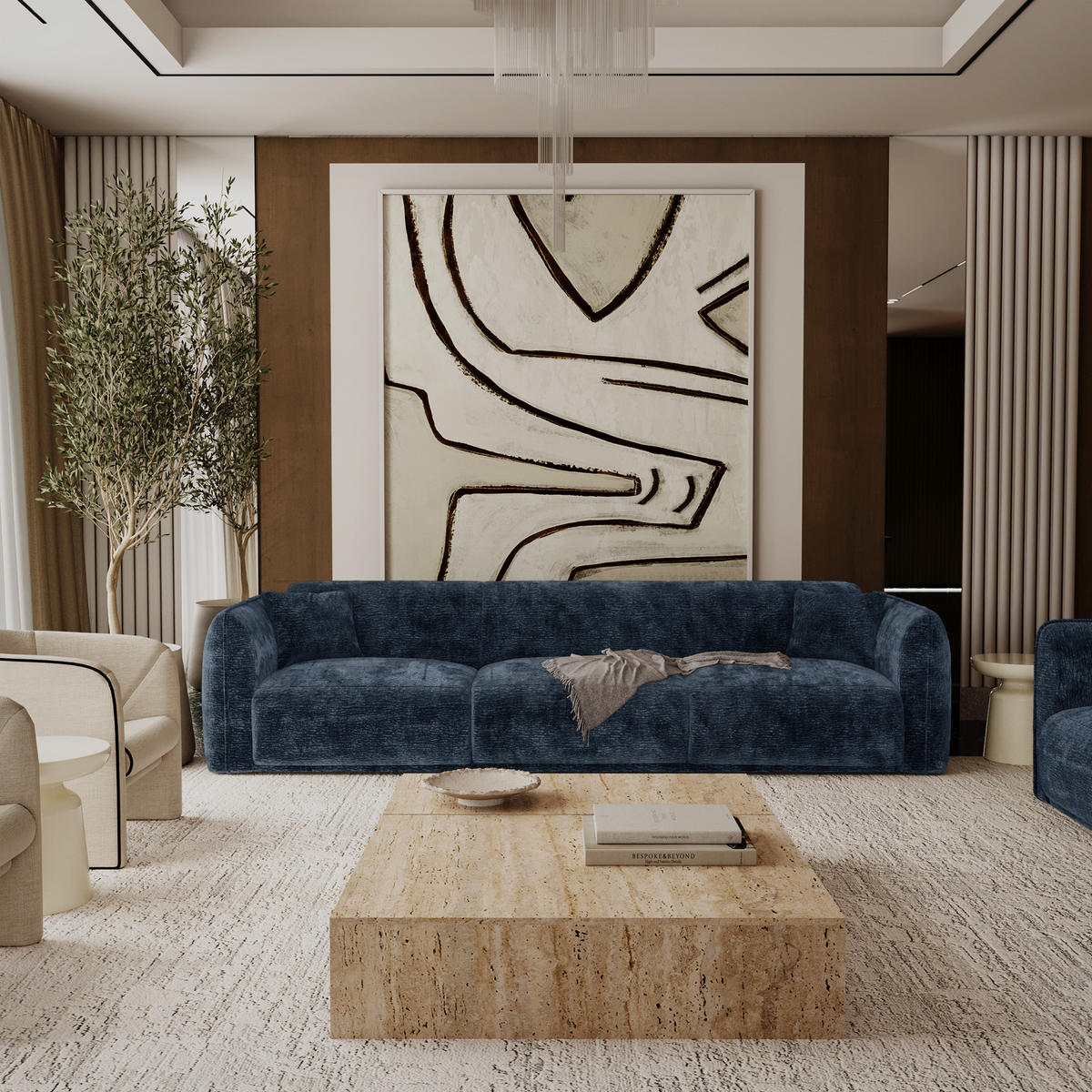 SOFA LUSH Gemusterter Samt Mitternachtsblau 235cm - Blau/Dunkelblau, Textil (235/80/90cm) - Premium Interiors