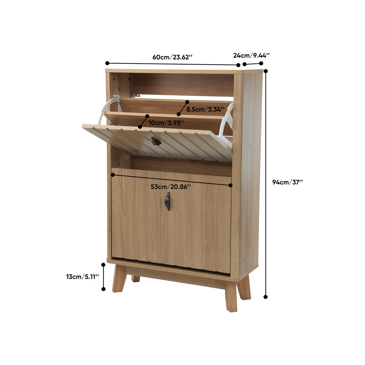 BOTNÍK v barvě dubu s výklopnou přihrádkou a dvířky, styl Mid-Century - barva dubu, kompozitní dřevo (60/94/24cm) - Urban Meuble