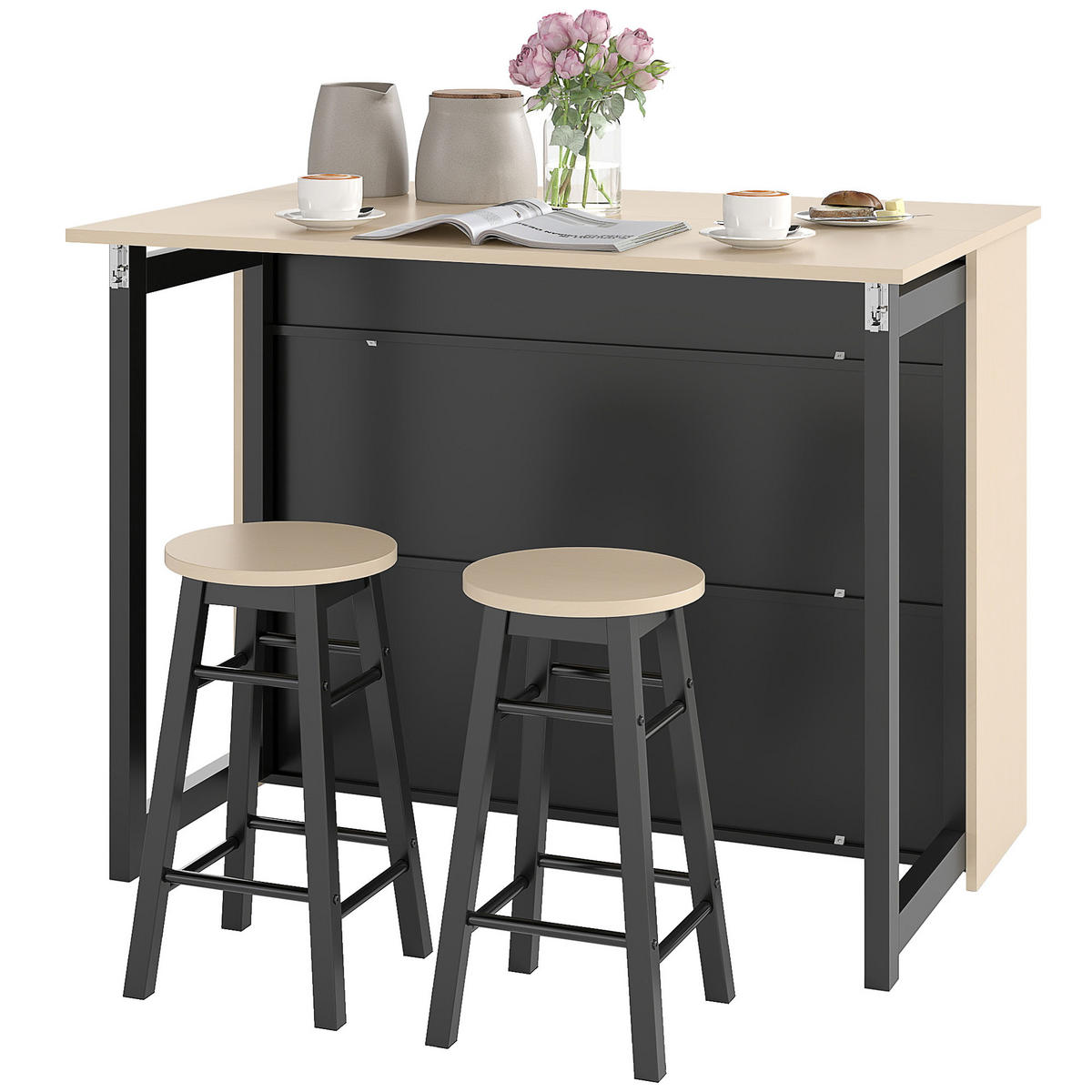 BARSET 3-tlg. DE-08025 mit klappbarer Tischplatte und 2 Barhockern Eiche - Eichefarben/Schwarz, Holzwerkstoff (70/89.5/116cm) - ComfortXL