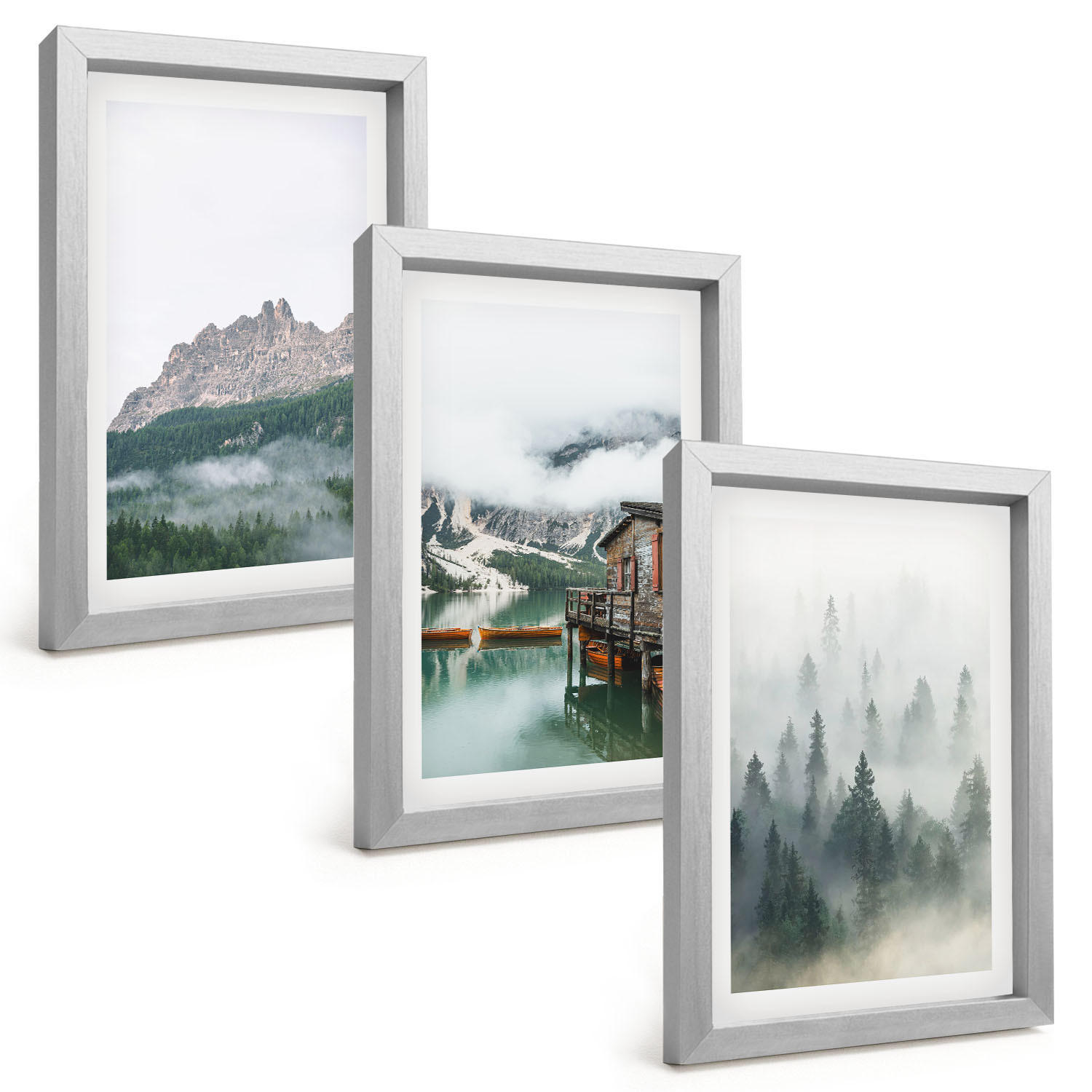 BILDER SET 3er Set - 20x30 cm Silberner Rahmen - Berge, See, Hütte, Nebel - Silberfarben, Kunststoff (20/30cm) - TULUP