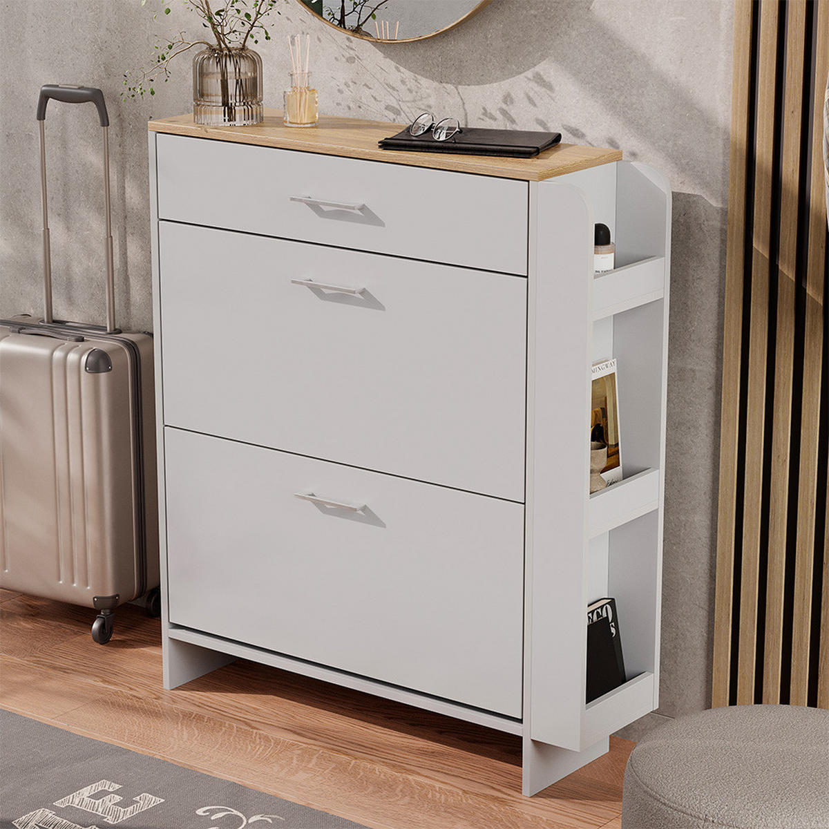 SCHUHSCHRANK Movino Weiß/Eiche 88.4 x 101.6 cm mit offenen und geschlossenen Fächern - Eichefarben/Weiß, Holzwerkstoff (88.4/101.6/23.6cm) - Vicco