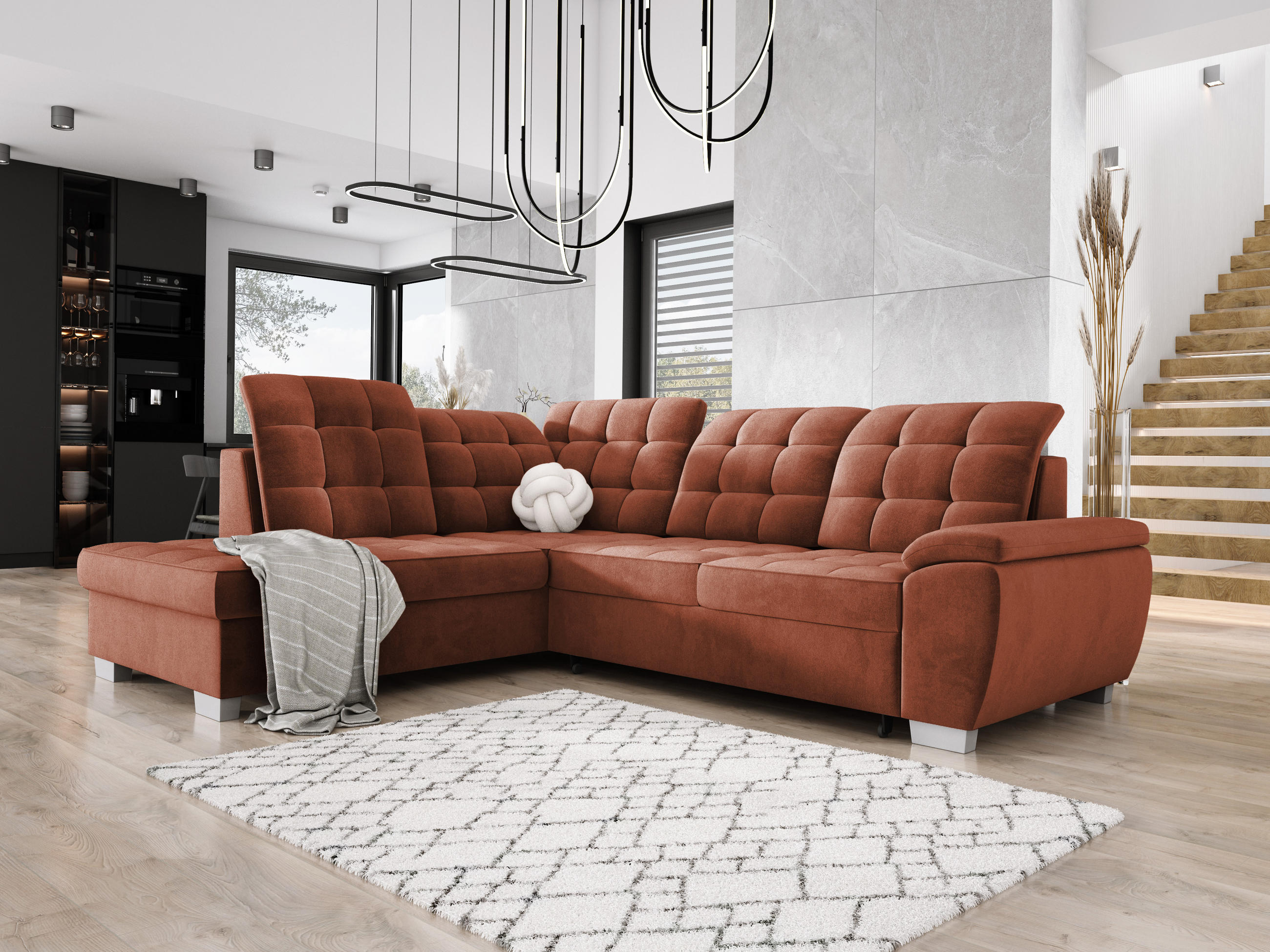 ECKSOFA LOTTA SALVADOR Bettkasten verstellbare Kopfstützen hochwertige Verarbeitung lose Rückenkissen freistehend LINKS 212x258x106 cm Bordeaux - Bordeaux, Holz/Textil (212/258cm) - DomoHome