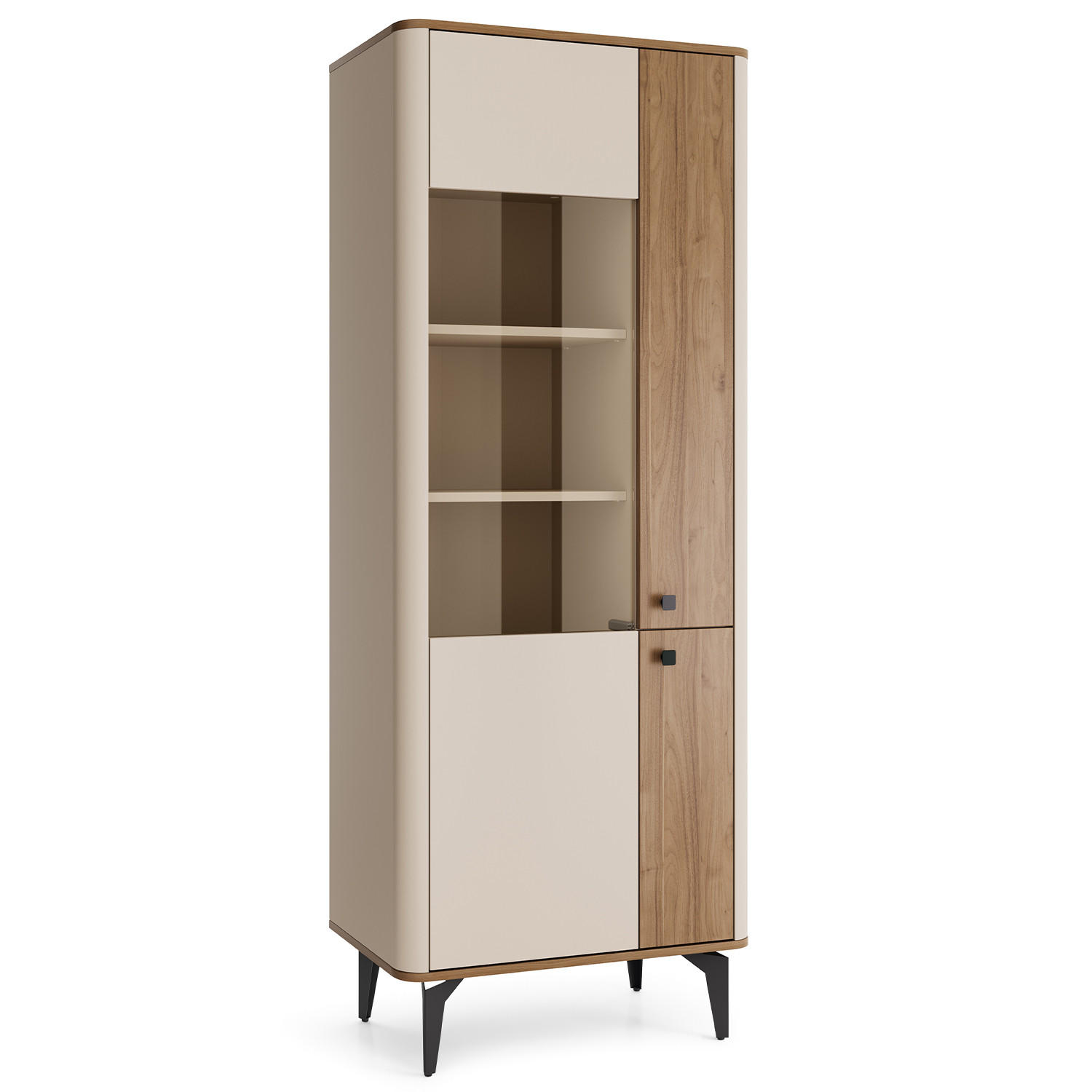 VITRINE Aurora Glasschrank mit Hartglas, ohne LED-Beleuchtung, Nussbaum+Kaschmir - Kaschmir/Nussbaumfarben, Holzwerkstoff/Metall (73/190/40cm) - Beautysofa