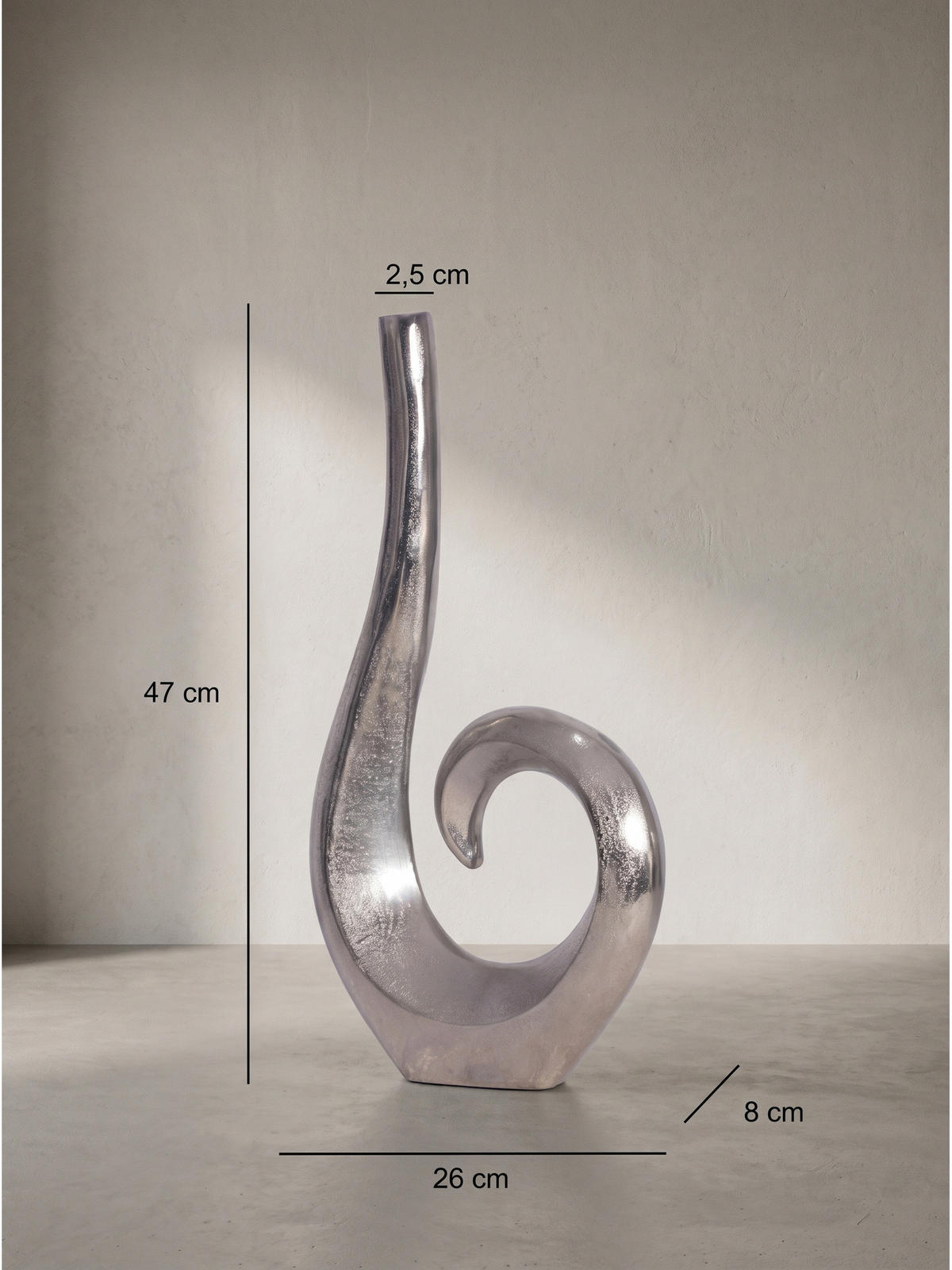 METALLVASE BAVENO, Aluminium, handgefertigt, Silber, 26 x 8 x 47 cm - Silberfarben, Metall (47cm) - KADIMA DESIGN