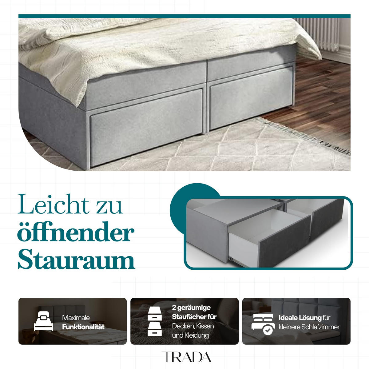 BOXBETT 140x200 cm, GARDA, Bettkasten und Taschenmatratze, Elegant Topper und Schubladen, Dunkelgrau - Dunkelgrau, Holzwerkstoff/Kunststoff (140/200cm) - Trada