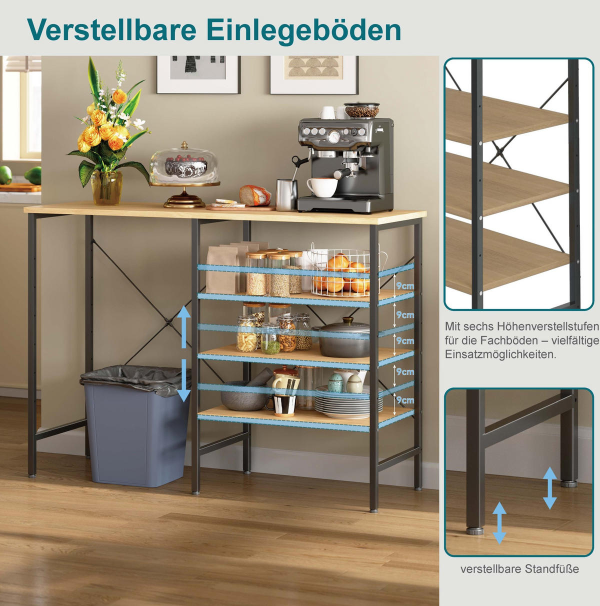 SIDEBOARD 120/40/85,5 cm mit flexibel montierbaren Regalen, Metallgestell und höhenverstellbaren Füßen, Schwarz/Natur - Schwarz, Holzwerkstoff (120/85/40cm) - Redom