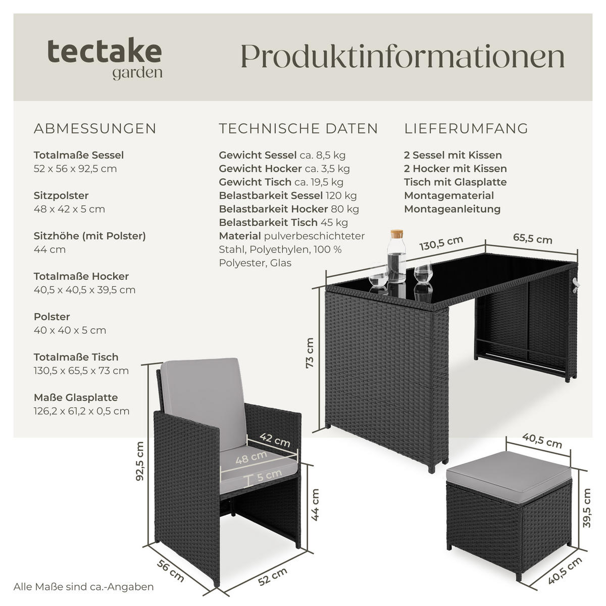 RATTAN SITZGRUPPE Palermo,inklusive Flaschenöffner, zusammenschiebbar,schwarz/grau - Schwarz/Grau, Kunststoff - tectake
