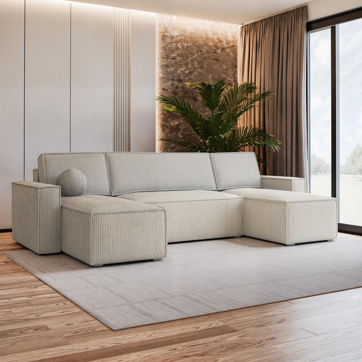 WOHNLANDSCHAFT PESANO P Creme Kordstoff mit Schlaffunktion - Creme, Holz (306/85/140cm) - MASSENO