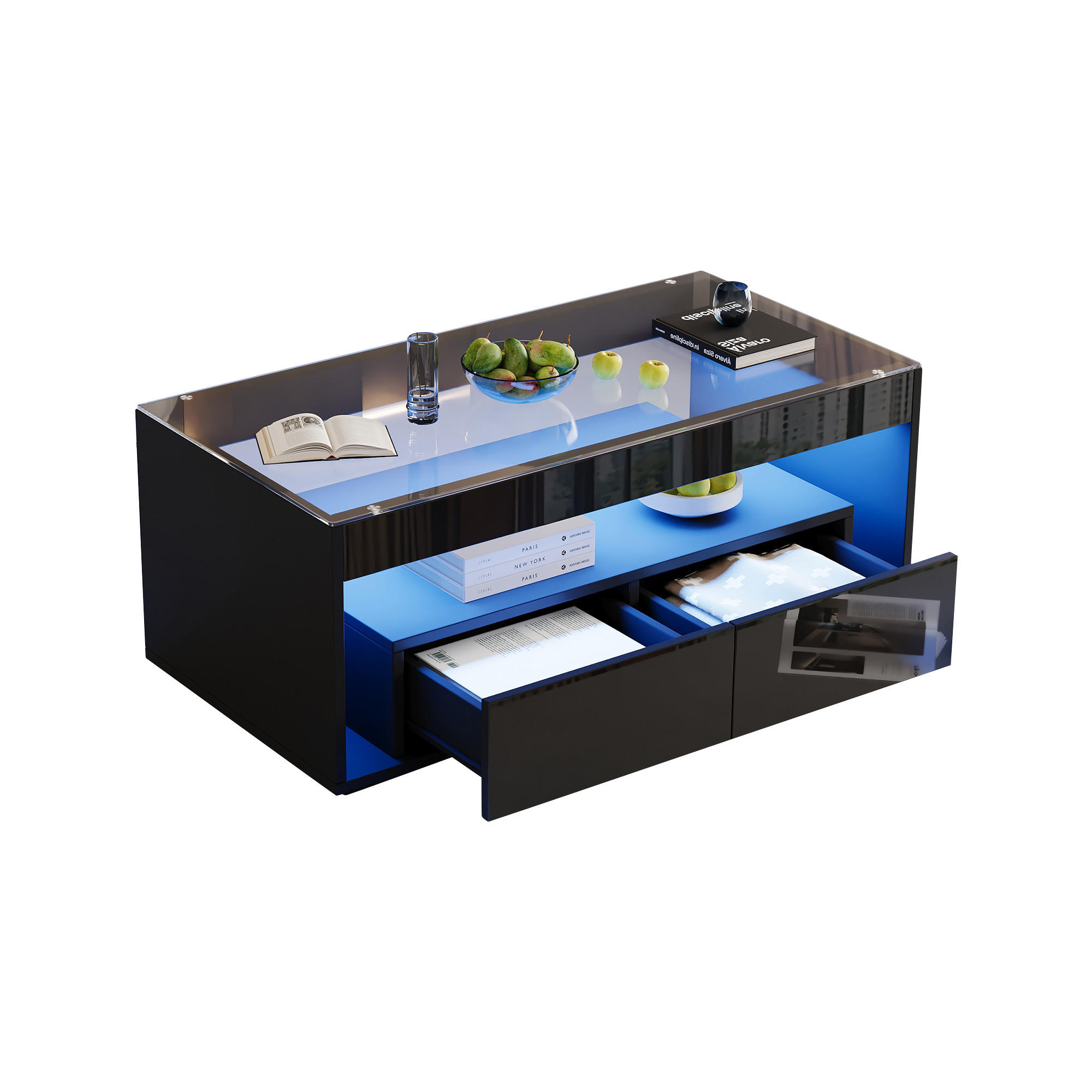 COUCHTISCH 100/50/40 cm, Schwarz, mit LED-Beleuchtung, Glasplatte und 2 Schubladen - Schwarz, Glas/Holzwerkstoff (50/100/40cm) - CHICFURN