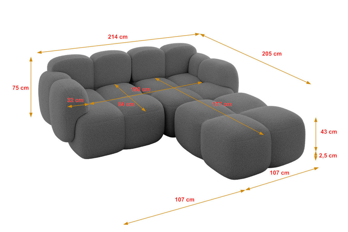 ECKSOFA modulares Sofa Rechts Miko-L1 214x205x75 Grau Bouclé - Chromfarben/Schwarz, Holzwerkstoff/Kunststoff (214/205cm) - ALTDECOR