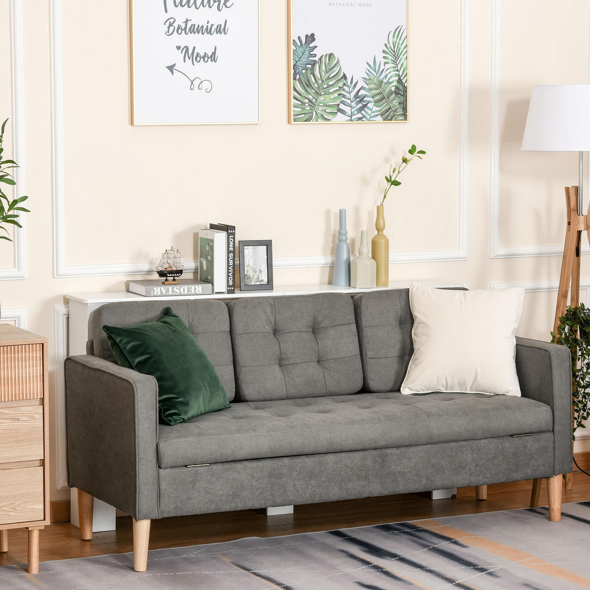 3-SITZER Sofa Stoffsofa Doppelsofa abnehmbar mit Kissen Gummiholz Baumwoll Grau - Naturfarben/Grau, Holz/Textil (62/82/166.5cm) - HOMCOM