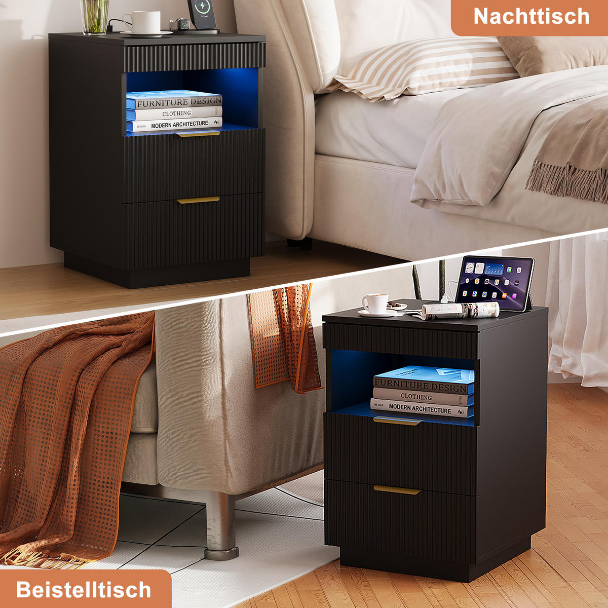 NACHTSHRANK Schwarz mit LED-Beleuchtung, Steckdose, USB & Type-C, Nachttisch mit 2 Schubladen, 40/40/60 cm - Goldfarben/Schwarz, Holz/Metall (40/60/40cm) - BPKADHY
