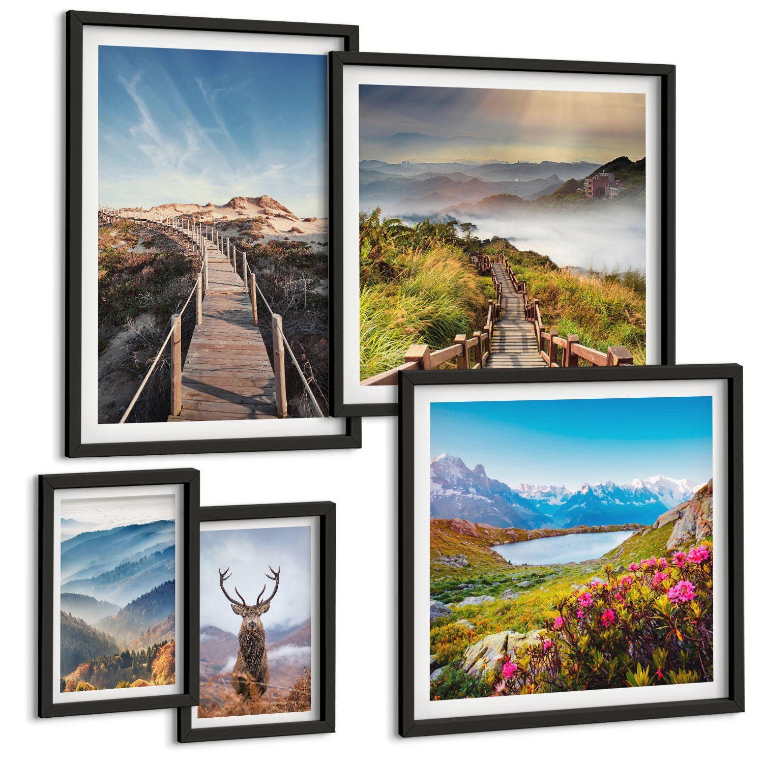 BILDER SET 5er Set - 50x50 cm & 20x30 cm & 40x60 cm Schwarzer Rahmen - Berglandschaft, See, Hirsche - Schwarz, Kunststoff (40/60cm) - TULUP