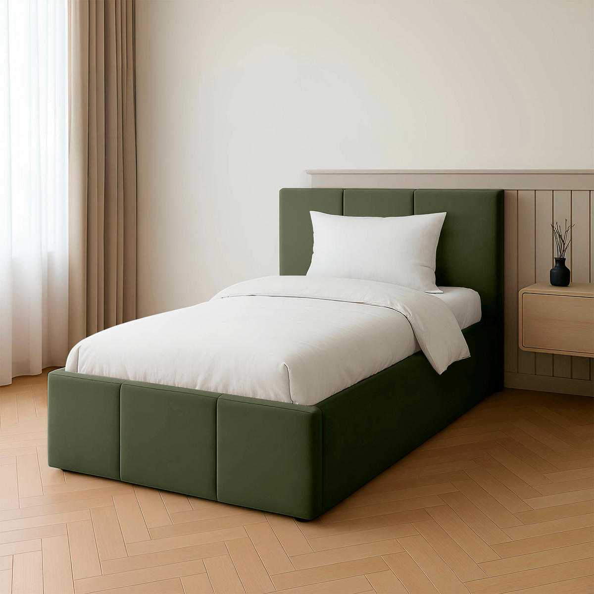 POLSTERBETT für Schlafzimmer Bett mit Stauraum Khaki 90x200cm Kopfteil 120cm - Olivgrün, Holzwerkstoff/Metall (90/200cm) - Muralo