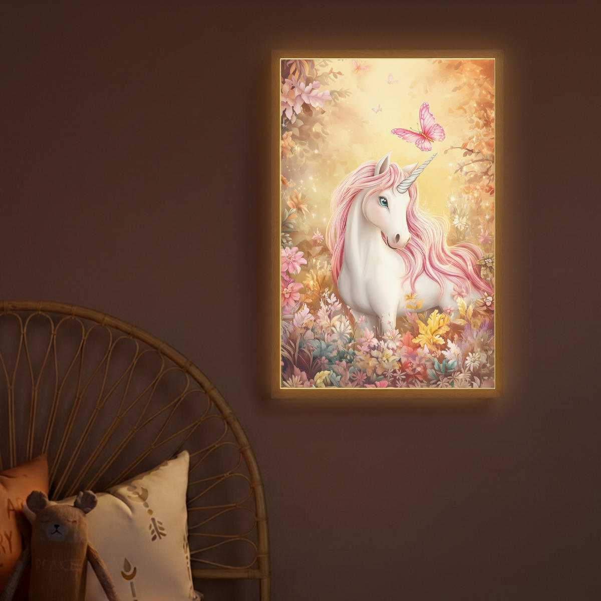 DOBÍJECÍ NOČNÍ LAMPIČKA Jednorožec - Květiny - Motýl - Růžová 40x60 cm - béžová, kompozitní dřevo (8/40/60cm) - OnlyWow