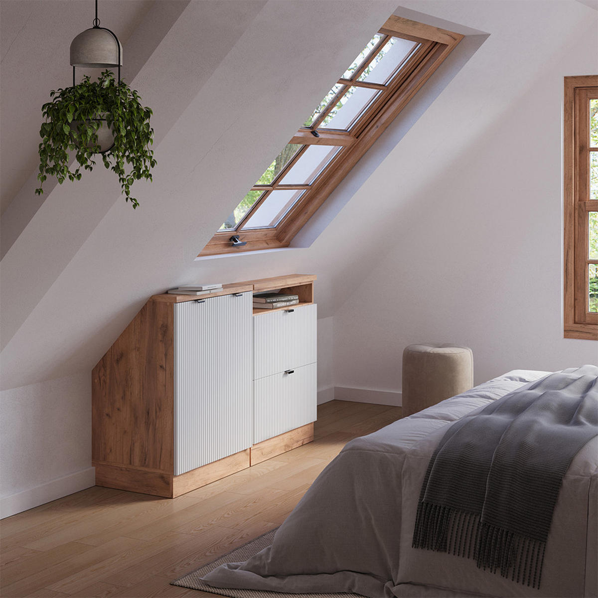 DACHSCHRÄGENSCHRANK-SET Rion Weiß Riffel 120 cm 2er Set - Weiß, Holzwerkstoff (120/81.6/46cm) - Vicco