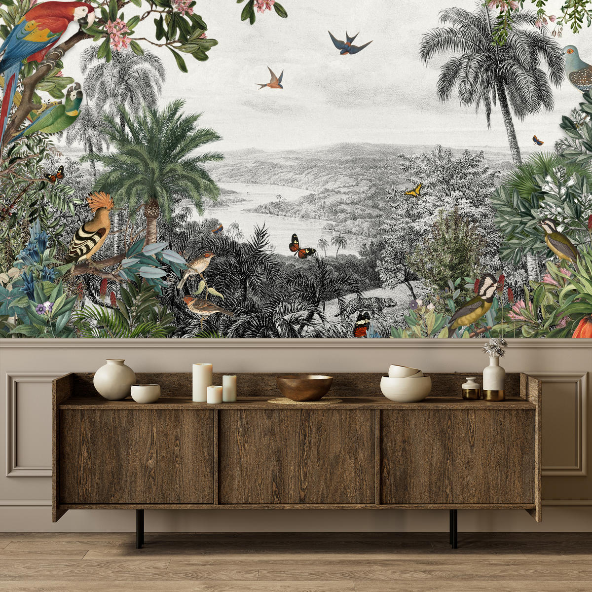 FOTOTAPETE für Wohnzimmer Tropenpapageien Vögel Palmen 350x256 - Gelb/Rot, Papier (350/256cm) - Muralo