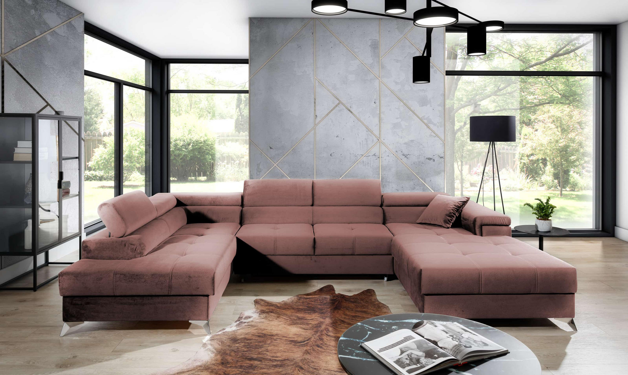 WOHNLANDSCHAFT mit Schlaffunktion und Bettkasten, Kronos-Stoff - Chromfarben/Rosa, Textil/Metall (345/90/202cm) - Eltap