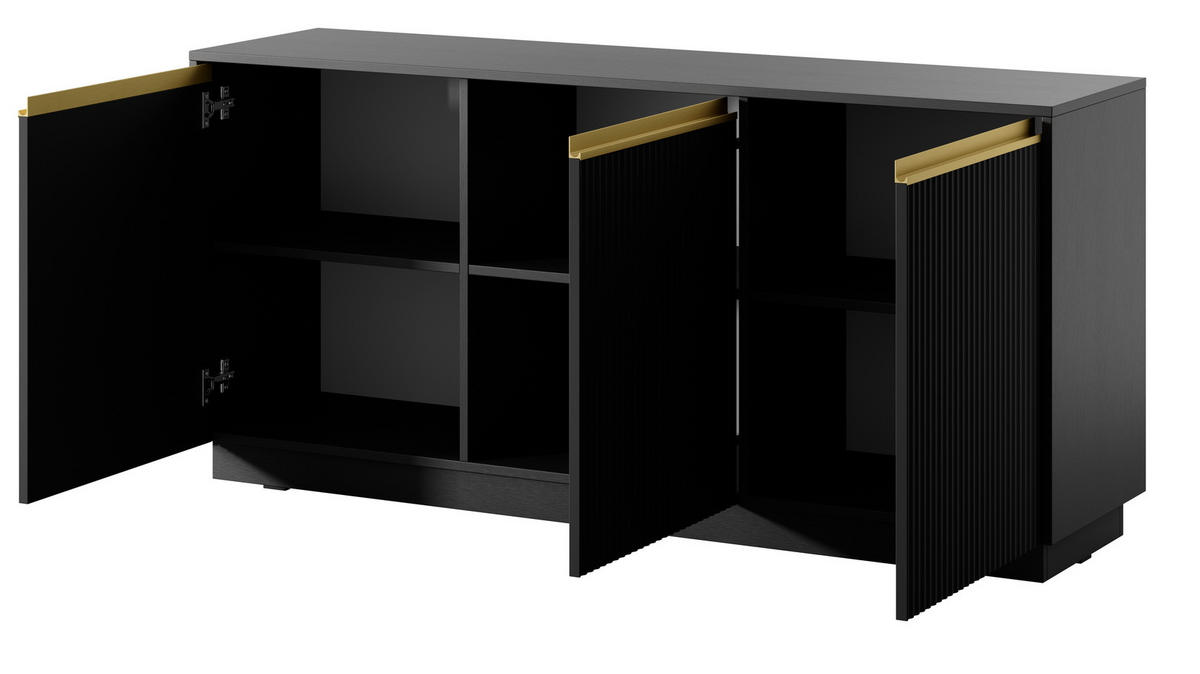 KOMMODE 154 cm Baron - 3 Türen mit gerillten Fronten, Schwarz - Schwarz, Holz (154/72/39cm) - Emporius