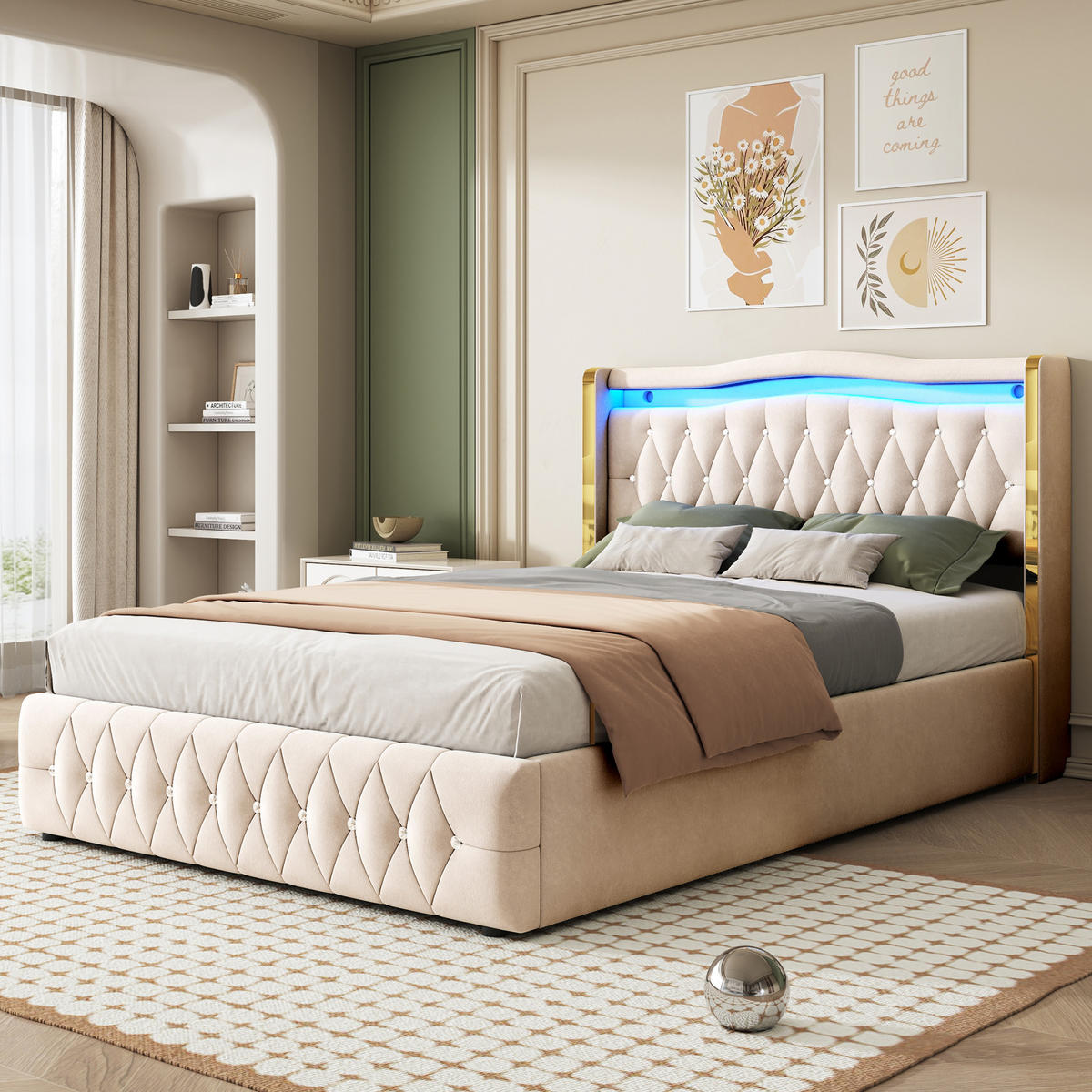 POLSTERBETT 140/200 cm beige mit farbwechselnder LED und hydraulischem Stauraum - Beige, Textil (140/200cm) - OKWISH