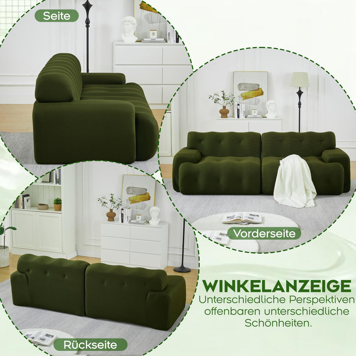 2-SITZER-SOFA 224/104/66 cm aus Stoff, montagefrei mit breiten Armlehnen und Knopfheftung, Grün - Grün, Textil (224/66/104cm) - Redom