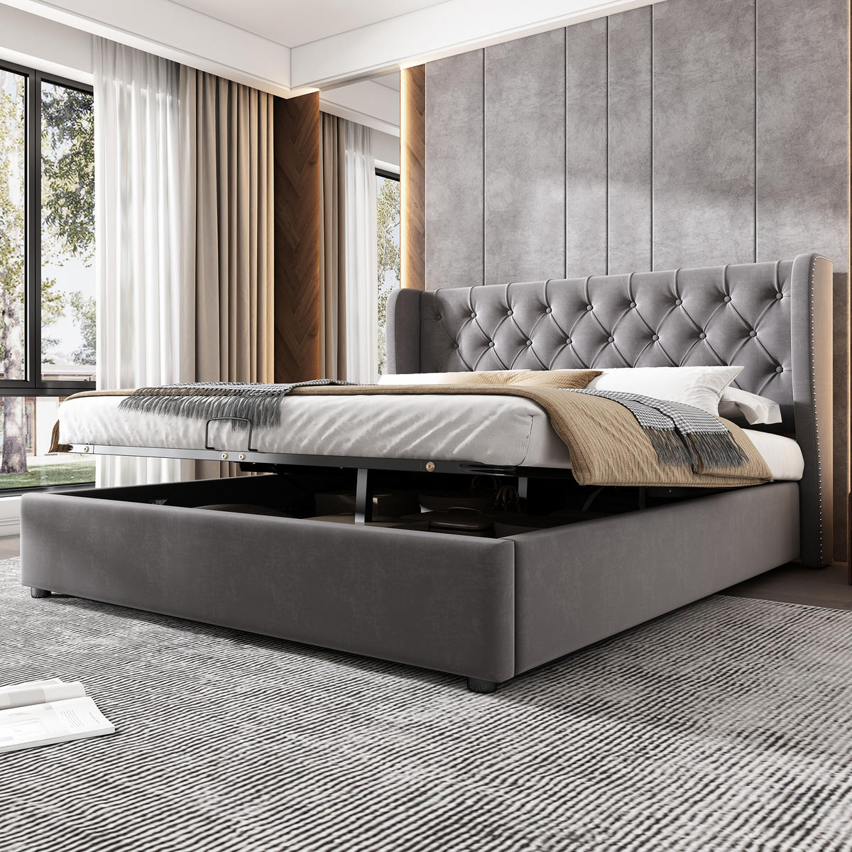 POLSTERBETT 140x190 Ohrform Samt Hydraulisch Grau - Grau, Textil (140/190cm) - FLIEKS