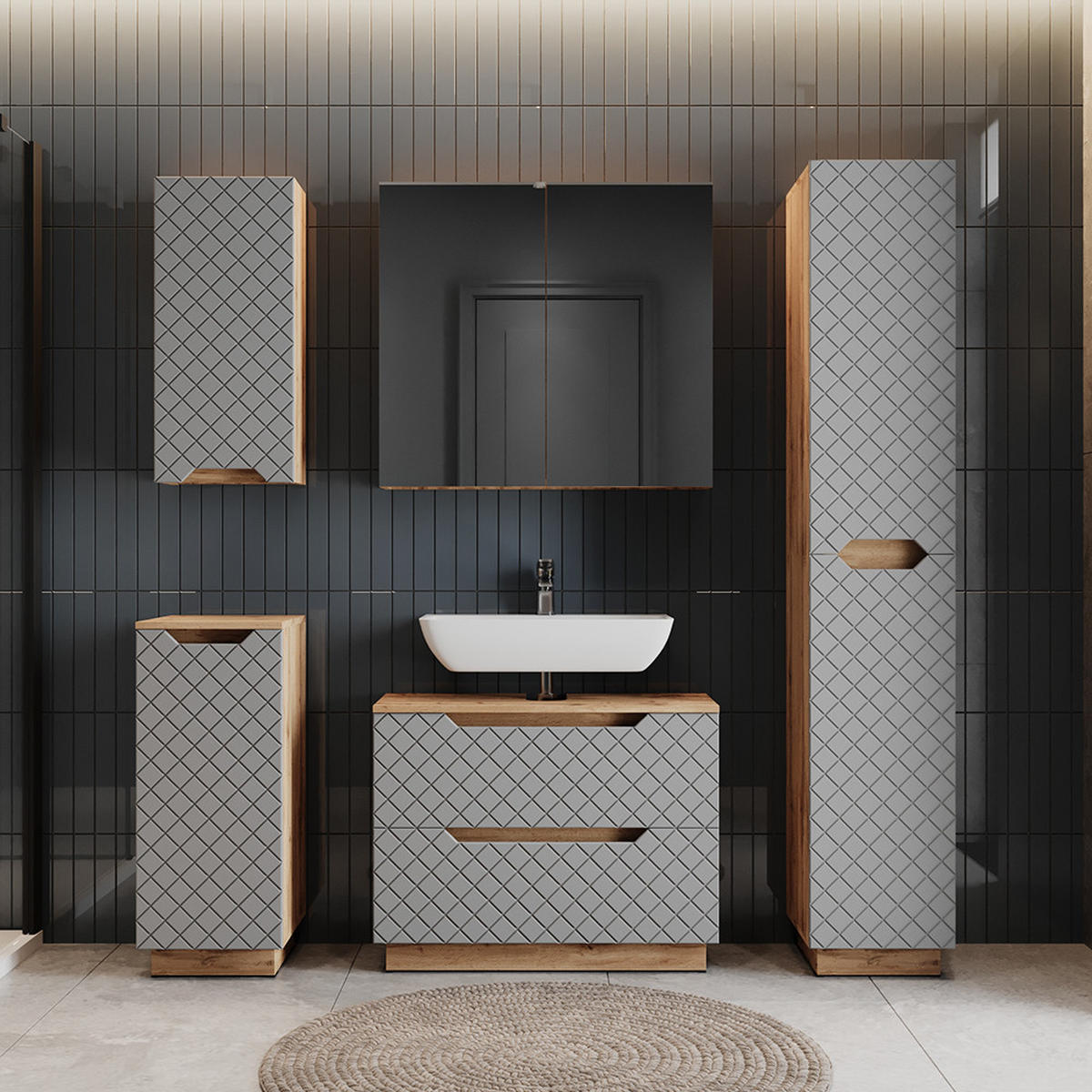 WASCHBECKENUNTERSCHRANK Lotta Eiche/Grau mit Kachelstruktur 79.6 x 62.5 cm mit 2 Schubladen - Eichefarben/Grau, Holzwerkstoff (79.6/62.5/32cm) - Vicco