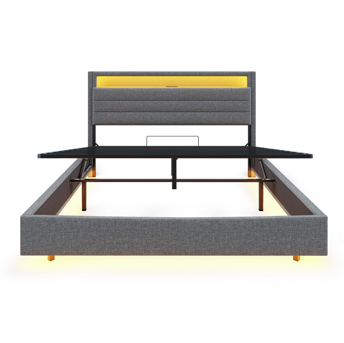 POLSTERBETT 140x200 cm Grau mit Leinenbezug, Hydraulik-Stauraum, LED-Beleuchtung und USB-Anschluss - Grau, Textil (140/200cm) - IVMEU