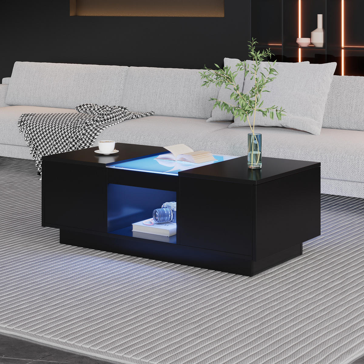 COUCHTISCH in Schwarz Couchtisch mit LED-Beleuchtung, App-Steuerung, 2 Schubladen für Wohnzimmer, B100/T50/H35.5cm - Schwarz, Holzwerkstoff (50/100/35.5cm) - STILVORA