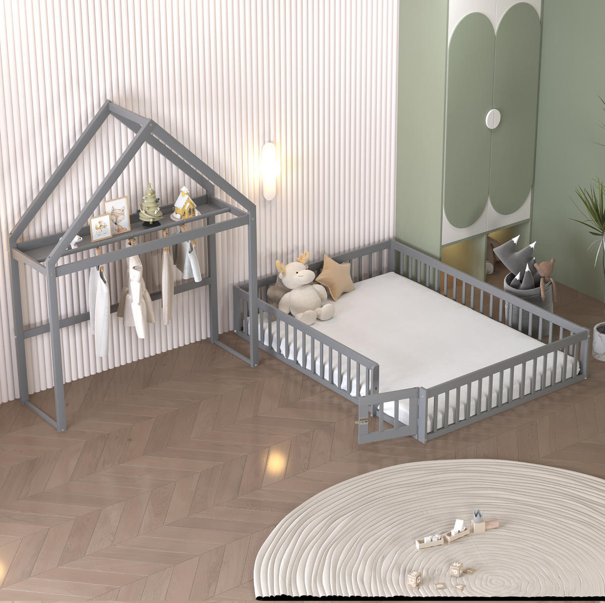 KINDERBETT aus Massivholz 140x200 cm in Grau mit Lattenrost & Kleiderstange - Grau, Holz (140/200cm) - Modfu