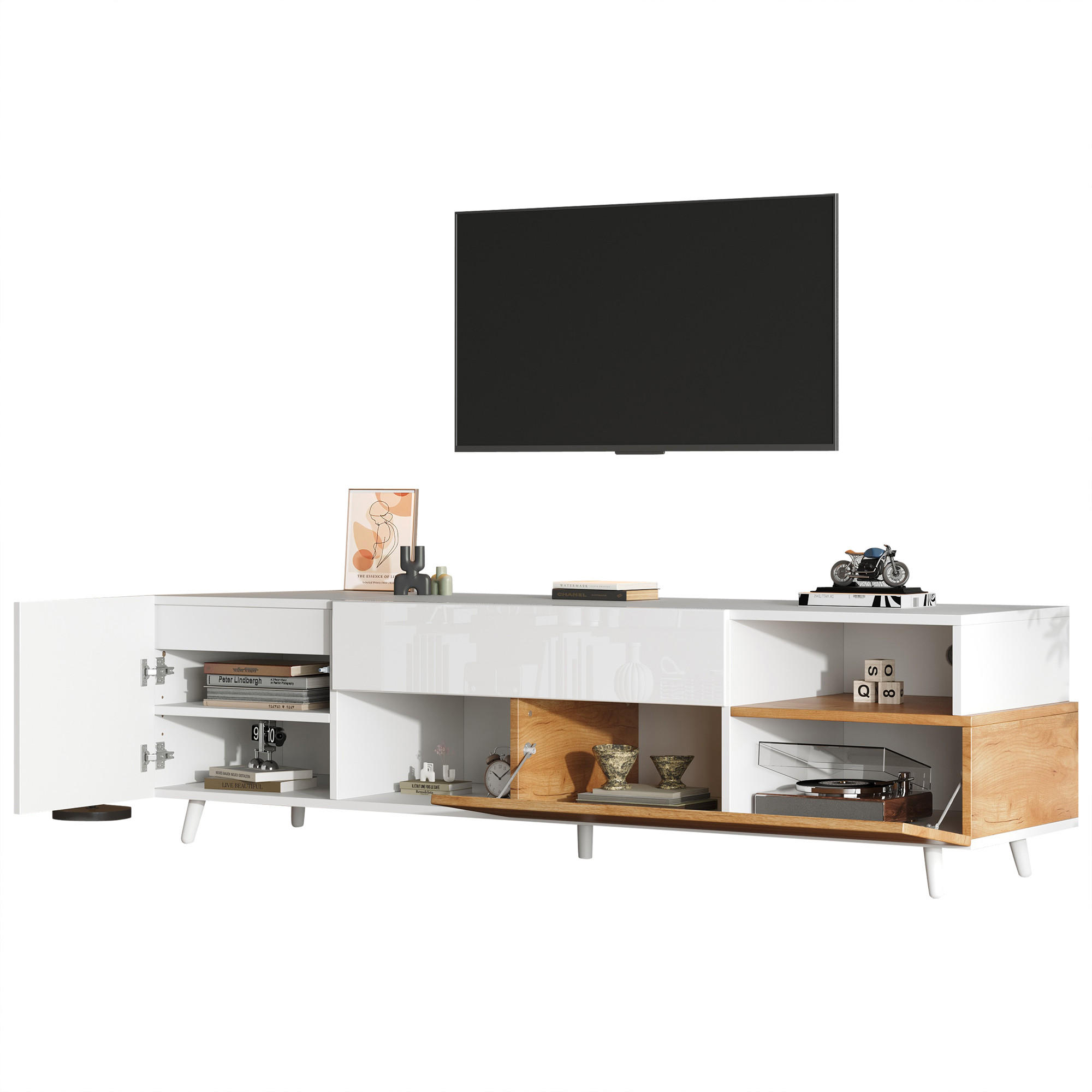STILVORA TV STOLEK v bílé a přírodní barvě se zásuvkou do obýváku, 180×38×50 cm